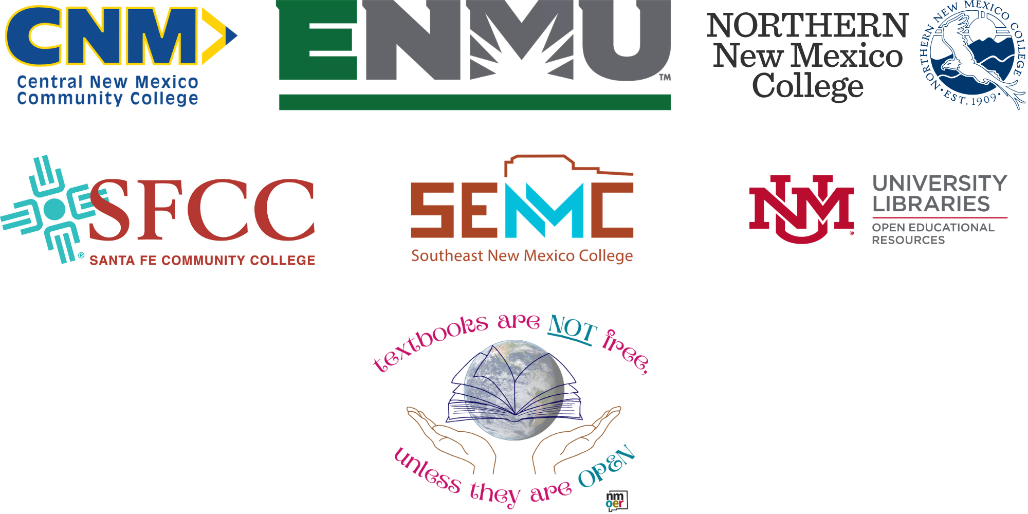 CNM, ENMU, NNMC, SFCC, SENMC, and UNM Logos. and Textbooks are not free, unless they are open sticker.